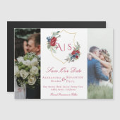 Monogramm florales Wappen FotoCollage Save the Dat Magneteinladung (Vorne/Hinten)
