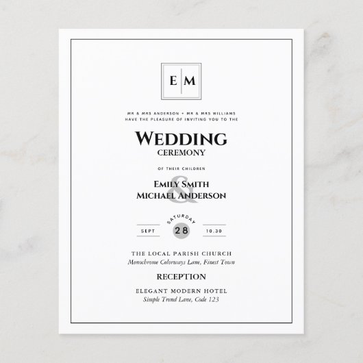 Monogramm formales Hochzeitsweißes All-in-1-Blatt Flyer (Vorne)