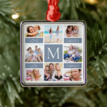 Monogramm Foto Collage Dusty Blue Ornament Aus Metall<br><div class="desc">Das perfekte Geschenk für eine Familie</div>