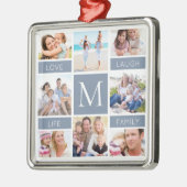 Monogramm Foto Collage Dusty Blue Ornament Aus Metall (Links)