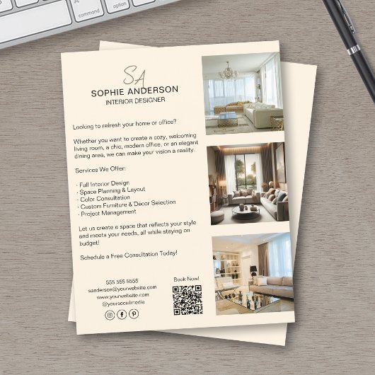 Monogramm Foto QR Creme Beruflich Business Flyer