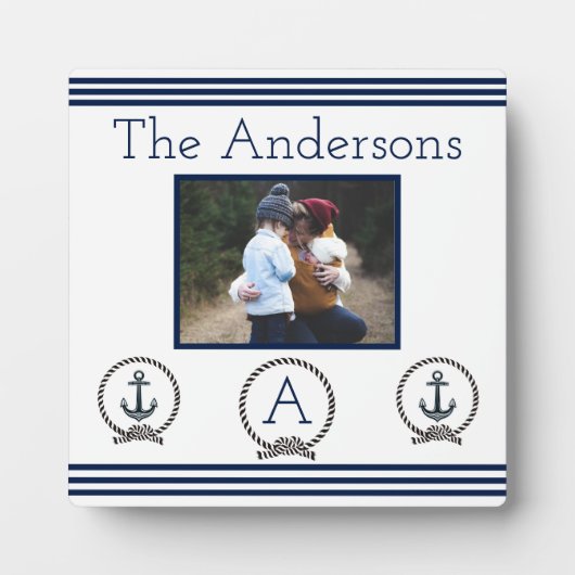 Monogramm-Foto-Rahmen für Navy Blue Nautic Anker Fotoplatte (Vorderseite)