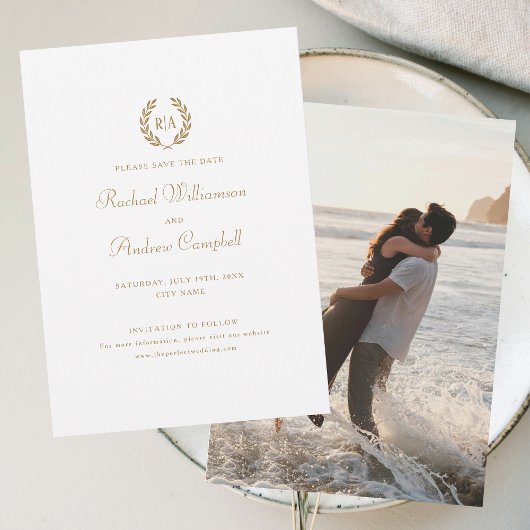 Monogramm Foto Save the Date Hochzeitgoldweiß Einladung