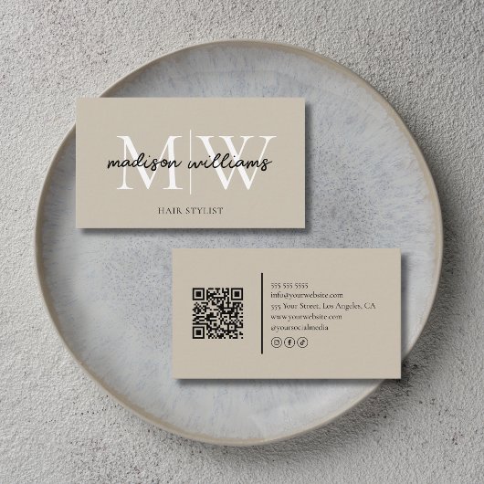 Monogramm Friseur QR Code Beige Visitenkarte