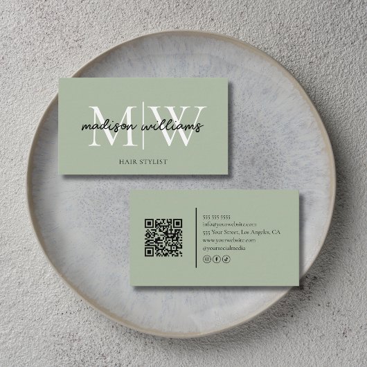 Monogramm Friseur QR Code Salbeigrün Visitenkarte