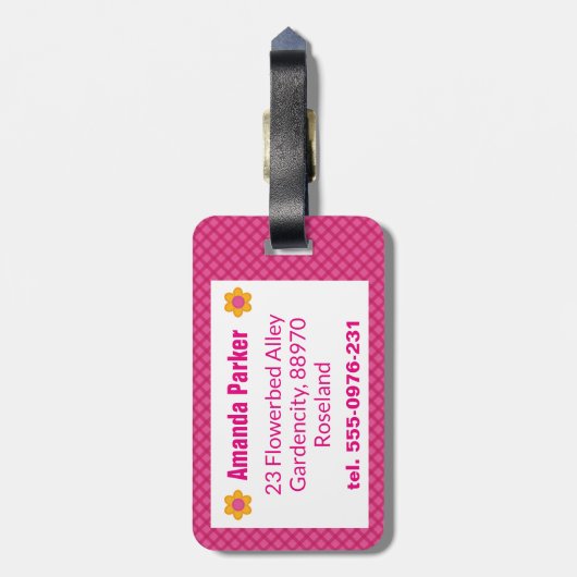 Monogramm Frühlingsblüte Mädchen rosa kariertes Mu Gepäckanhänger (Rückseite vertikal)