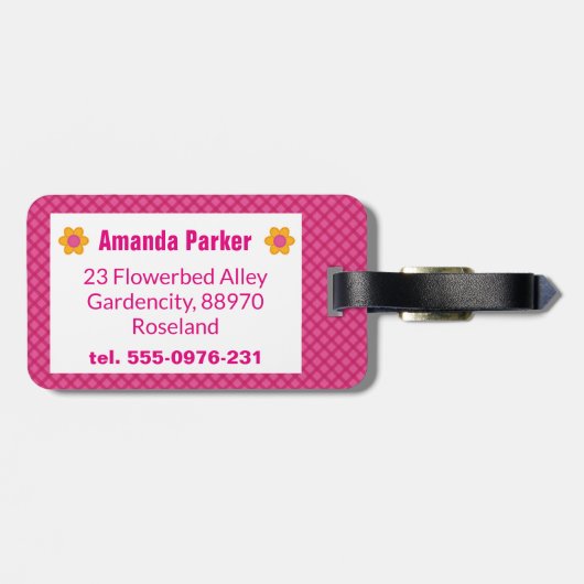 Monogramm Frühlingsblüte Mädchen rosa kariertes Mu Gepäckanhänger (Rückseite horizontal)