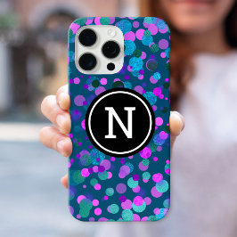 Monogramm funkelblaue lila Konfetti-Punkte auf aqu iPhone 16 Pro Max Hülle