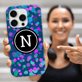 Monogramm funkelblaue lila Konfetti-Punkte auf aqu iPhone 16 Pro Hülle