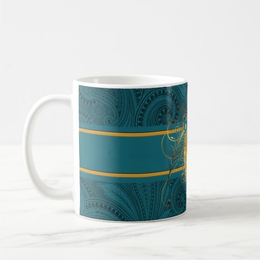 Monogramm für aquamarine Pfau und Gold Kaffeetasse (Links)