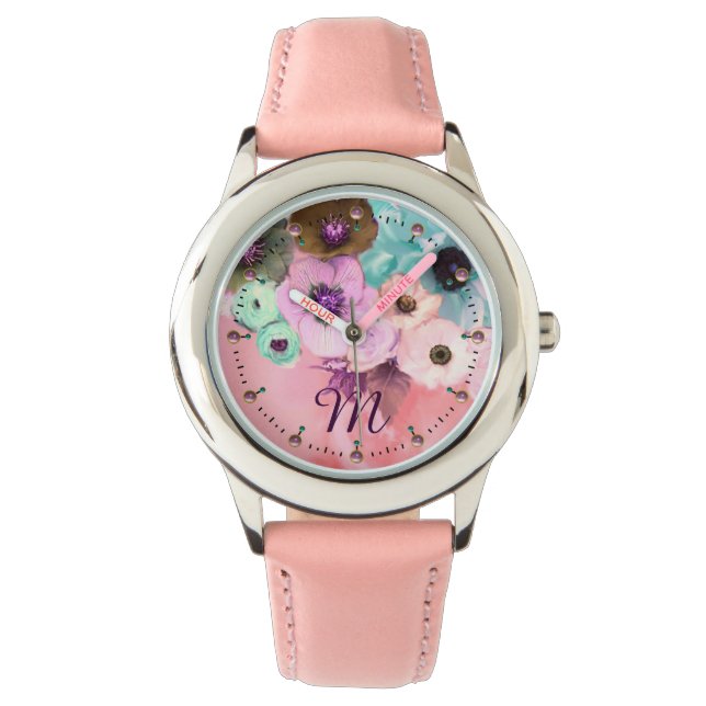 MONOGRAMM FÜR aquamarine PINKROSEN UND ANEMONEN-BL Armbanduhr (Vorderseite)