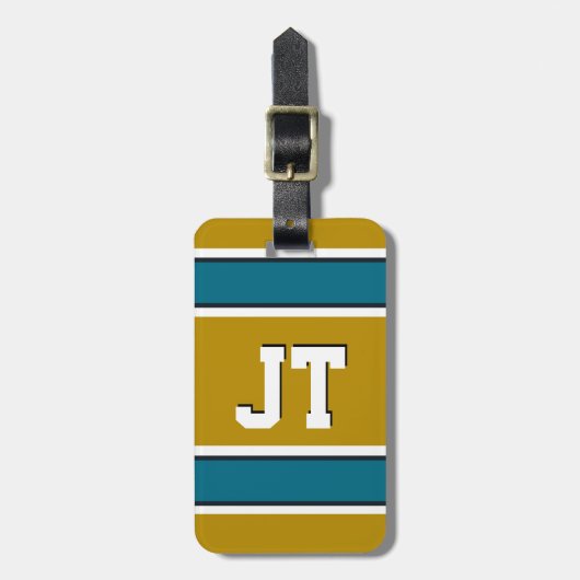 Monogramm für aquamarine und goldene Streifen Gepäckanhänger (Vorderseite vertikal)