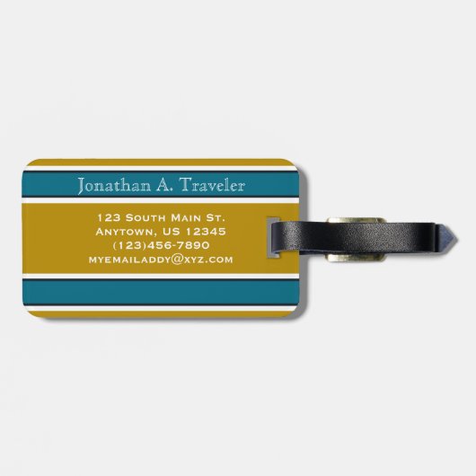 Monogramm für aquamarine und goldene Streifen Gepäckanhänger (Rückseite horizontal)