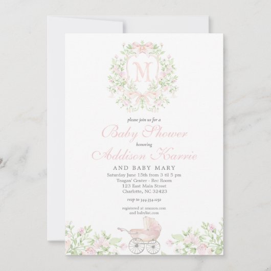 Monogramm für Baby-Wagen für Mädchen Einladung (Vorderseite)