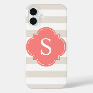 Monogramm für beige und korallenförmige Streifen iPhone 16 Plus Hülle