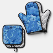 Monogramm für Blaue Hydrangea-Blume Ofenhandschuh & Topflappen-Set (Vorderseite/Rückseite)