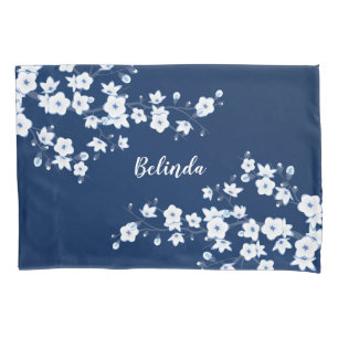 Monogramm für blaue Kirschblüten Kissenbezug