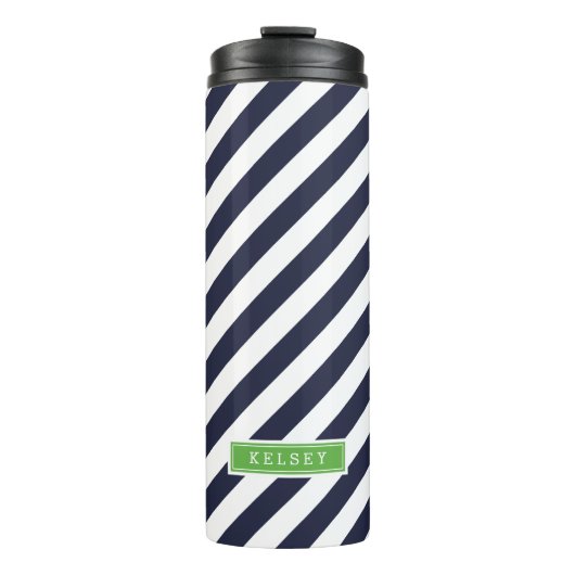 Monogramm für blaue und grüne Preppy-Streifen Thermosbecher (Vorderseite)