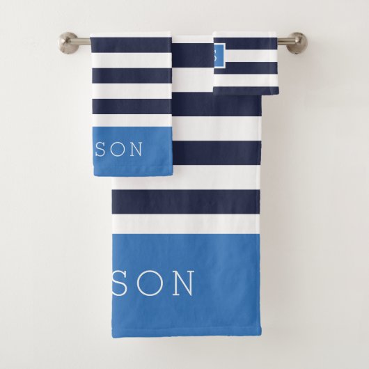 Monogramm für Blaue und Navy Stripes Badhandtuch Set (Insitu)