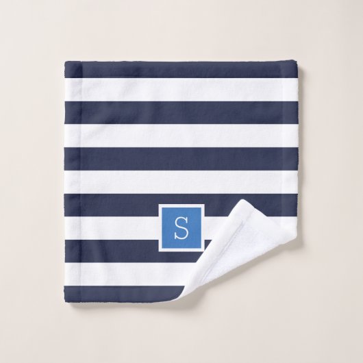 Monogramm für Blaue und Navy Stripes Badhandtuch Set (Waschlappen)