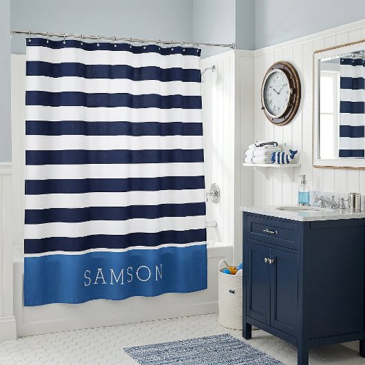 Monogramm für Blaue und Navy Stripes Duschvorhang
