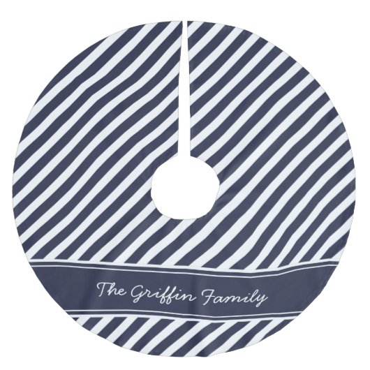 Monogramm für blaue und weiße Preppy-Streifen Polyester Weihnachtsbaumdecke (Vorderseite)