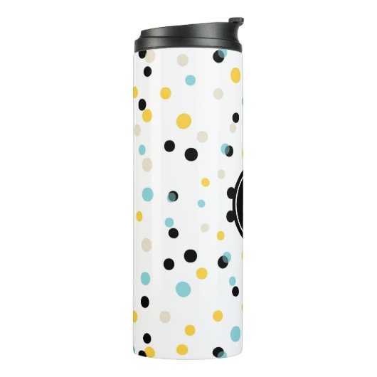 Monogramm für blaues Schwarz-Gelb-Konfetti-Muster Thermosbecher (Nach links gedreht)