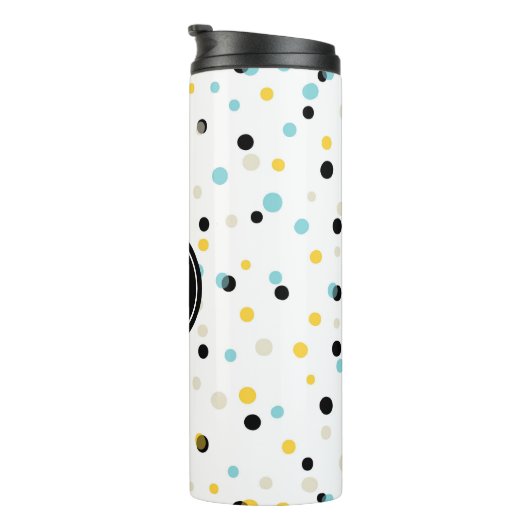 Monogramm für blaues Schwarz-Gelb-Konfetti-Muster Thermosbecher (Nach rechts gedreht)