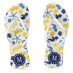 Monogramm für blaues und goldenes Seepferd Badesandalen