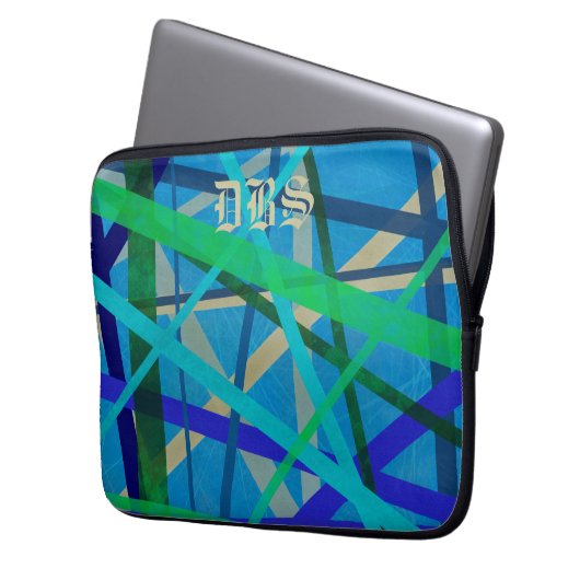 Monogramm für blaues und grünes geometrisches Must Laptopschutzhülle (Vorderseite Links)
