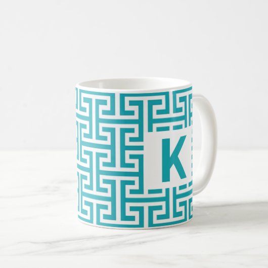 Monogramm für blaues und weißes geometrisches Must Kaffeetasse (VorderseiteRechts)