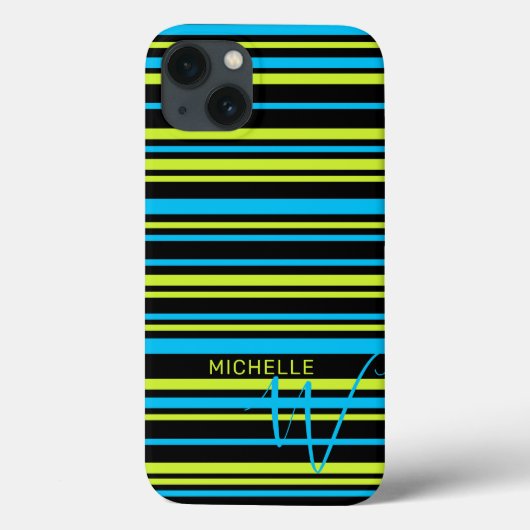 Monogramm für blaugrüne Streifen Case-Mate iPhone Hülle (Rückseite)