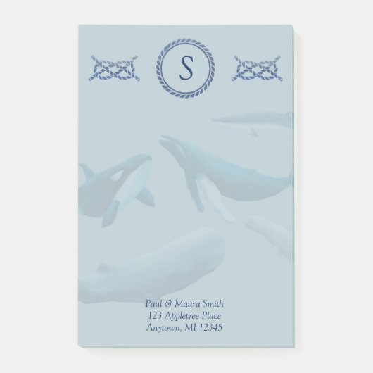 Monogramm für Blauwale mit Name und Adresse Post-it Klebezettel (Vorderseite)