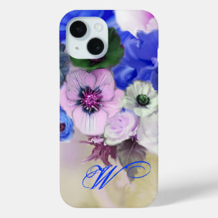 MONOGRAMM FÜR BLAUWEISSE ROSEN UND ANEMONEN-BLUME iPhone 15 HÜLLE