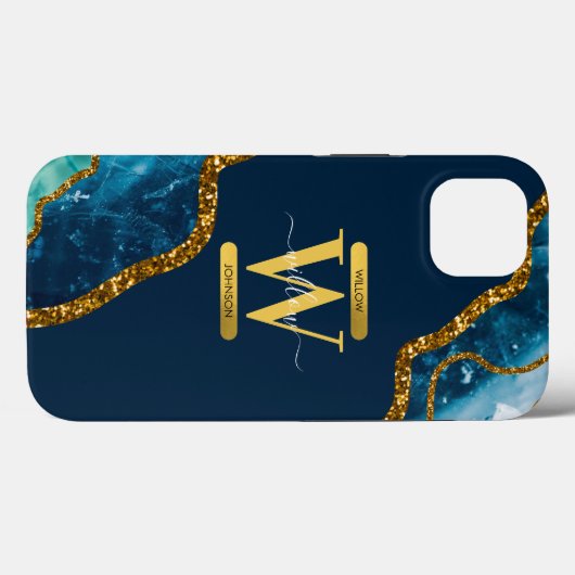 Monogramm für Blue & Gold Agate Geode Case-Mate iPhone Hülle (Rückseite (Horizontal))