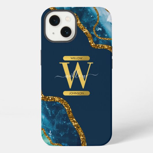 Monogramm für Blue & Gold Agate Geode iPhone Hülle (Rückseite)