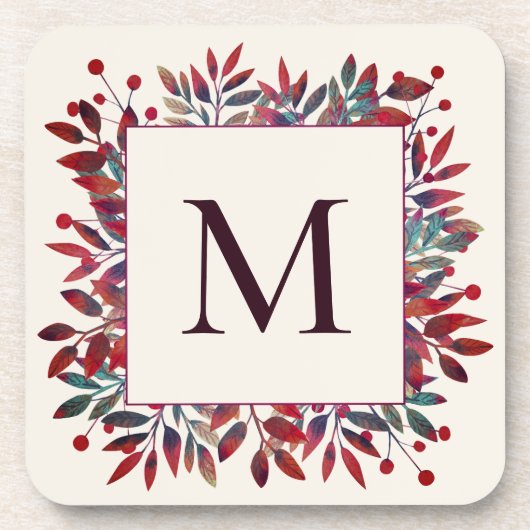 Monogramm für Burgunder Berries und Herbstleaves Getränkeuntersetzer (Vorderseite)