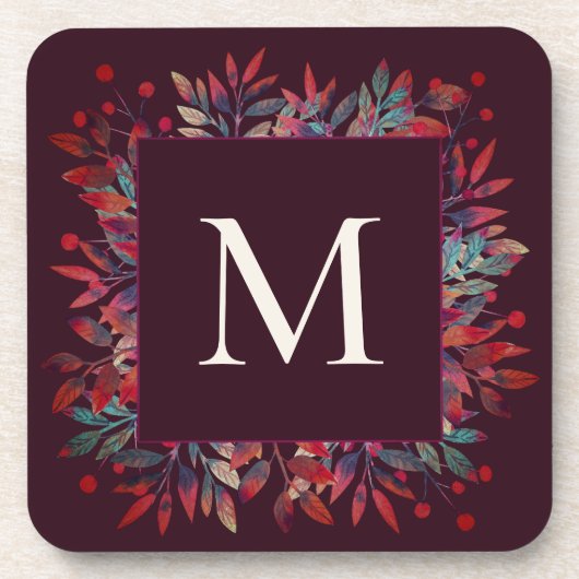 Monogramm für Burgunder Berries und Herbstleaves Getränkeuntersetzer (Vorderseite)