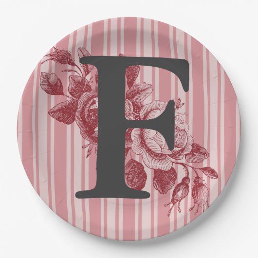 Monogramm für Cabbage-Rose Rosa Rosa Blütenblüte Pappteller (Vorderseite)