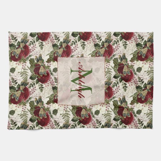 Monogramm für Creme-Dragonfische und Rose Geschirrtuch (Horizontal)