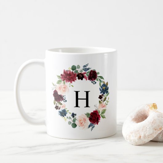 Monogramm für das Blumenmuster "Watercolor Burgund Kaffeetasse (Mit Donut)