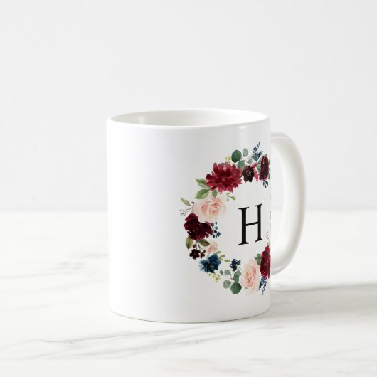 Monogramm für das Blumenmuster "Watercolor Burgund Kaffeetasse (VorderseiteRechts)