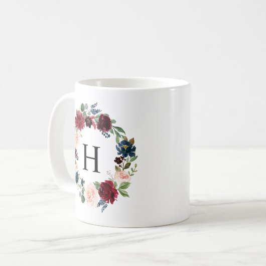 Monogramm für das Blumenmuster "Watercolor Burgund Kaffeetasse (Vorderseite Links)