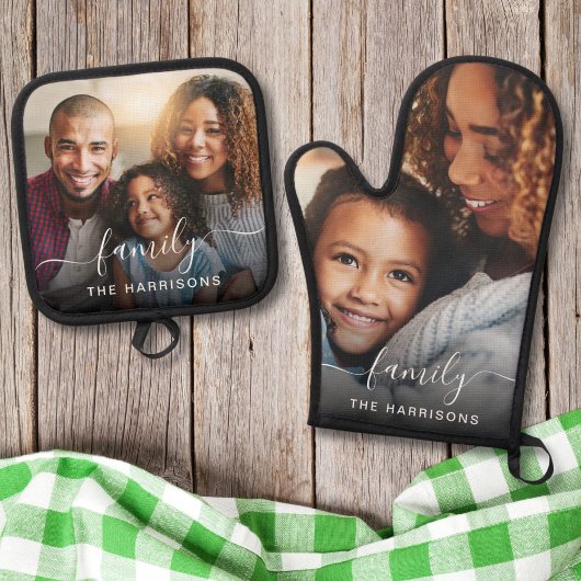 Monogramm für das Foto eines weißen Skripts Ofenhandschuh & Topflappen-Set