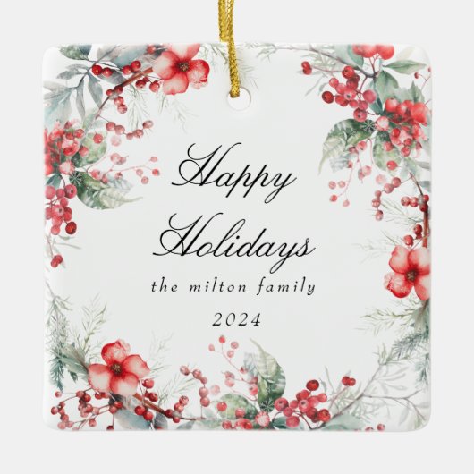 Monogramm für das klassische Holiday Berries-Foto Keramikornament (Vorderseite)