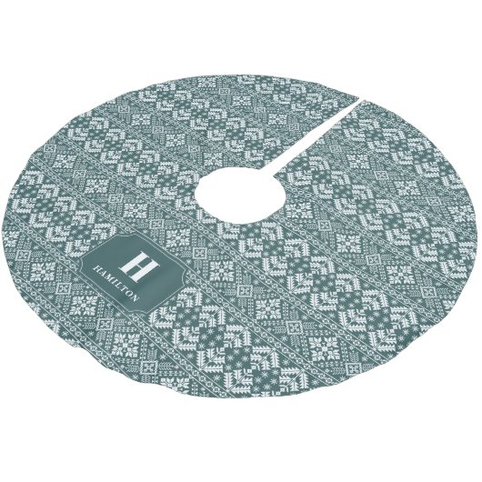 Monogramm für das Muster Hunter Green & White Swea Polyester Weihnachtsbaumdecke (Schrägansicht)