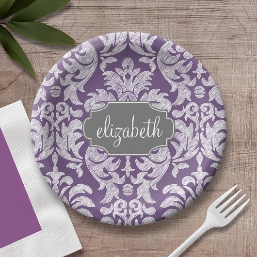 Monogramm für das Muster lila und grau Vintag Pappteller