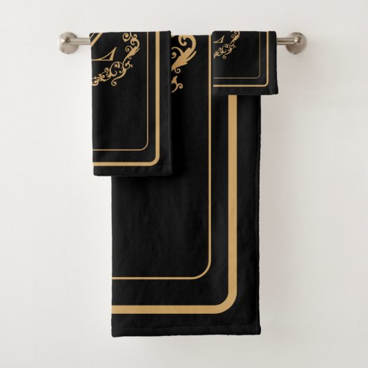 Monogramm für das Schwarze Gold-Border-Design Badhandtuch Set (Insitu)