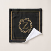 Monogramm für das Schwarze Gold-Border-Design Badhandtuch Set (Waschlappen)