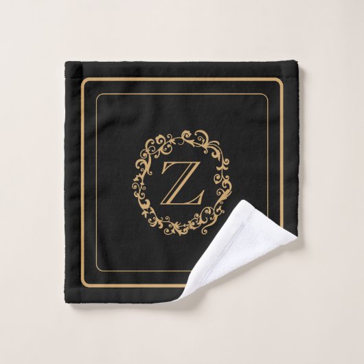 Monogramm für das Schwarze Gold-Border-Design Badhandtuch Set (Waschlappen)